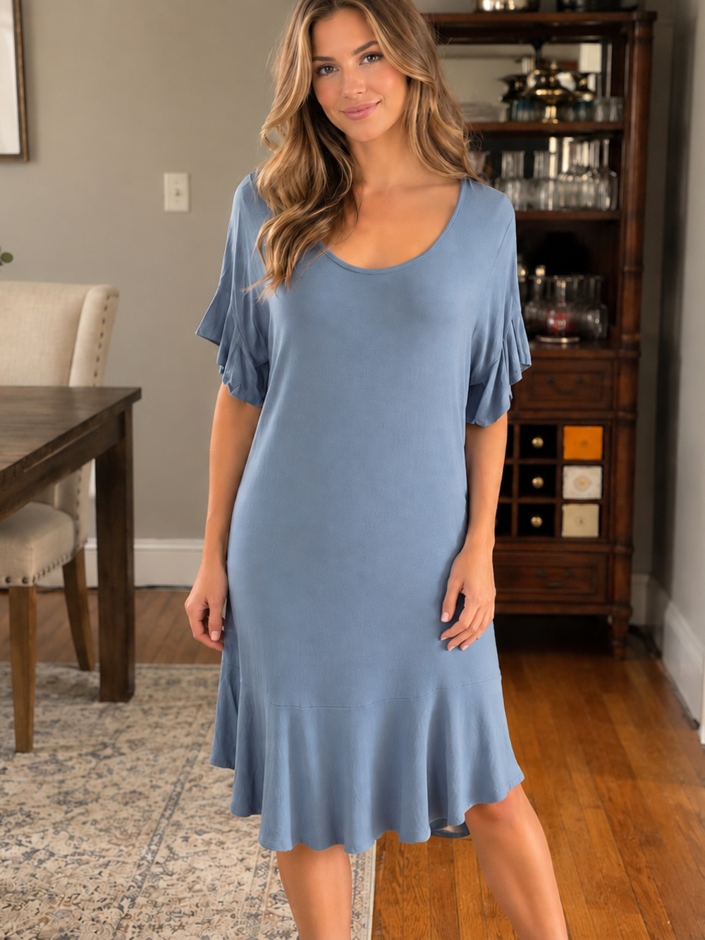 Umgee Light Blue Flutter Sleeve Ruffle-Hem Dress
